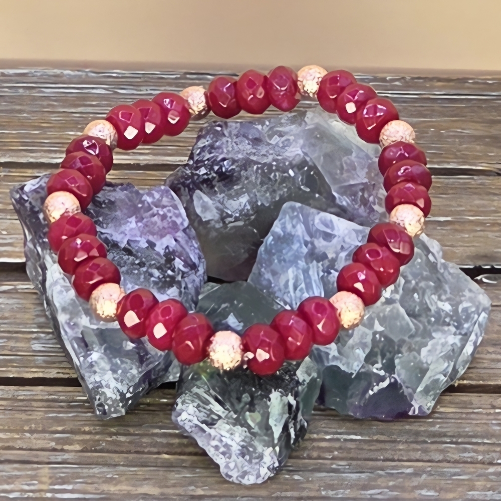 Red Jade and Rose Gold Beaded Bracelet